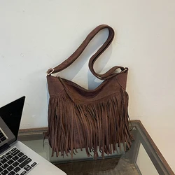Women Frosted Tassel Shoulder Bag Faux Suede Fringe Underarm Bag Large Capacity Travel Tote Handbag Female Shopping Bag