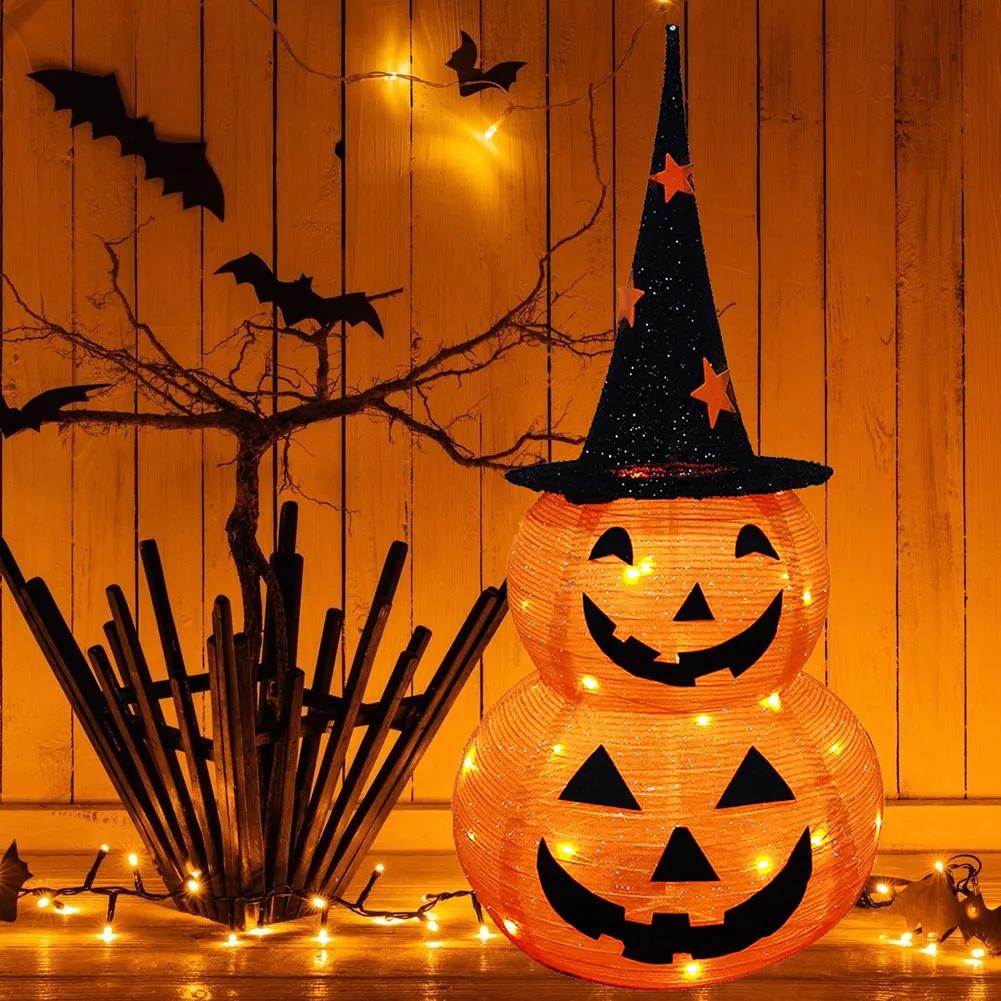 Halloween Opvouwbare Pompoen Met Ster Zwarte Hoge Hoed 3,1 Ft Halloween Pompoen Decoratie Oranje Led Licht Opvouwbare Pompoen
