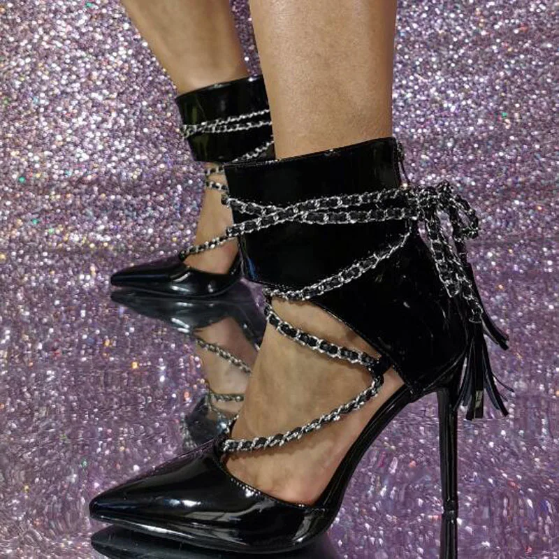 

Drop Shipping Black Shiny Patent Leather Sliver Chains Cross Strap Pointed Toe Hollow Zipper Back Stiletto Heel Ankle Boots