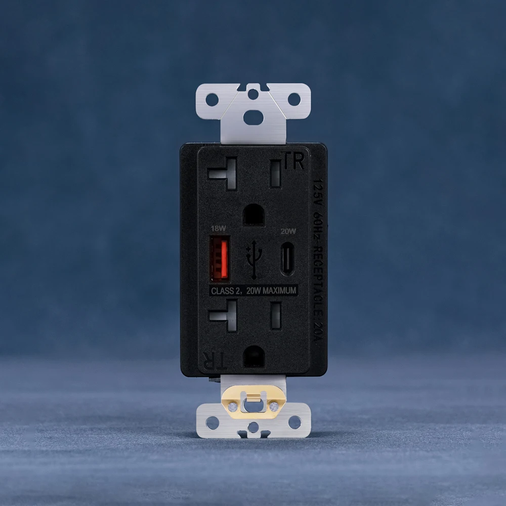 Noord-Amerikaanse Standaard 20a Stopcontact 125vac Snel Opladen Dual Usb Socket Type A + C Snellaadpoort Pd 20W Snel Opladen