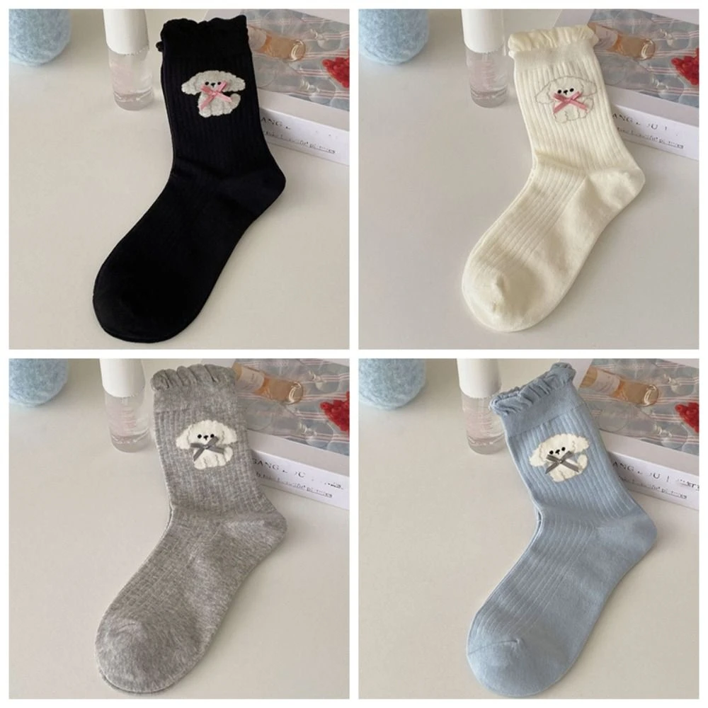 4Pairs Casual Cartoon Dog Bowknot Ruffle Socks Kawaii Anti-slip Sweet Tube Socks Hosiery Ballet Style Mid-calf Socks Women Girl