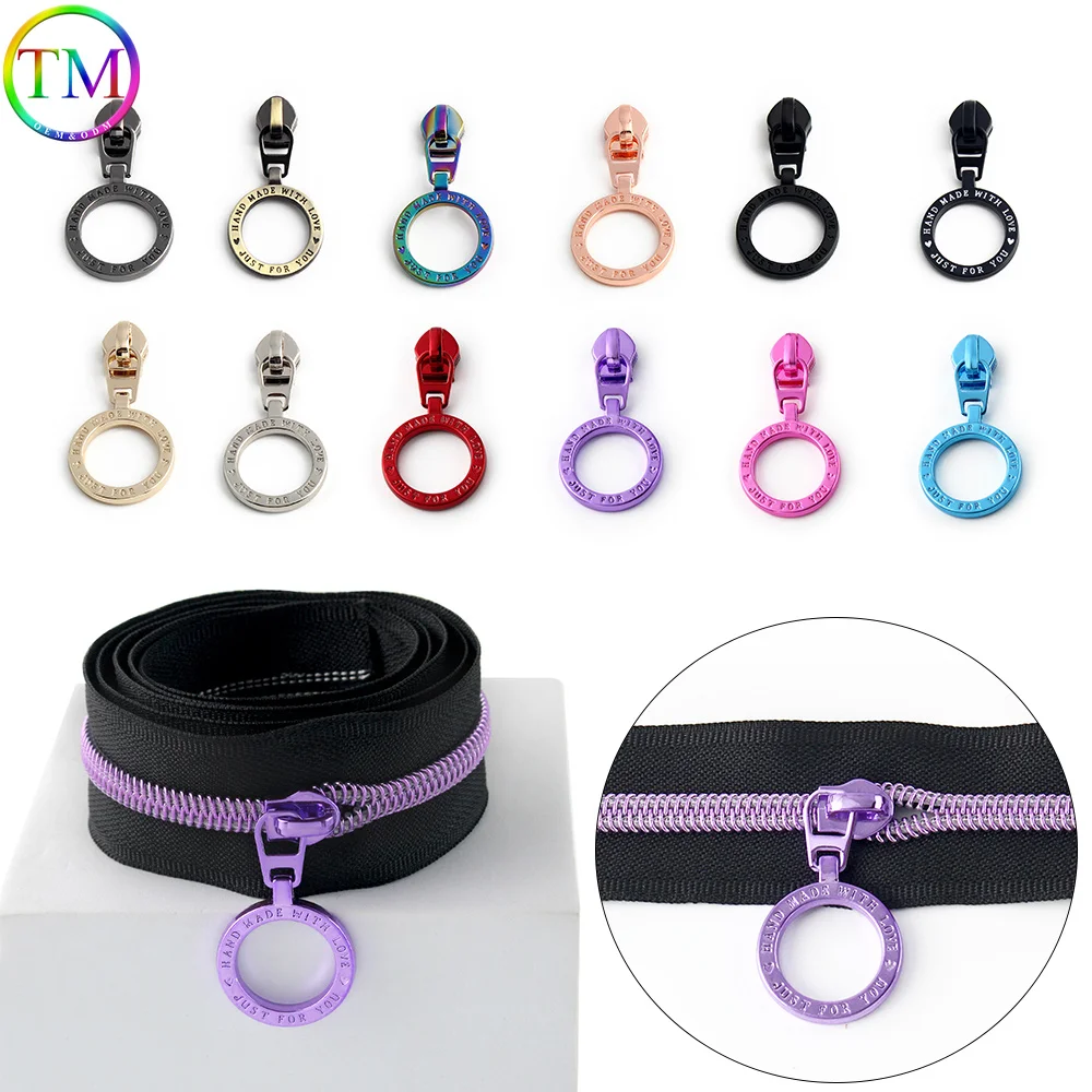 10/30PCS 5# Nylon Round Metal Zipper Puller with Engraved Letters For Purse Clothes Bags Shoe Engraved Handmade Accessories