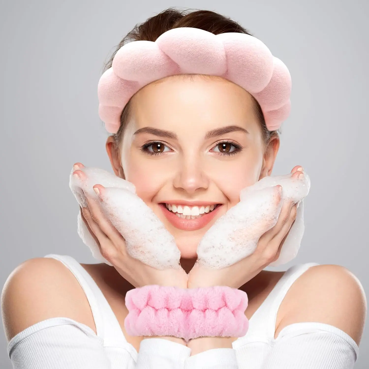 Fascia per capelli spa con 2 braccialetti, perfetta per lavare il viso, il trucco, il viso e la cura della pelle. Fascia per capelli antiscivolo per donna.