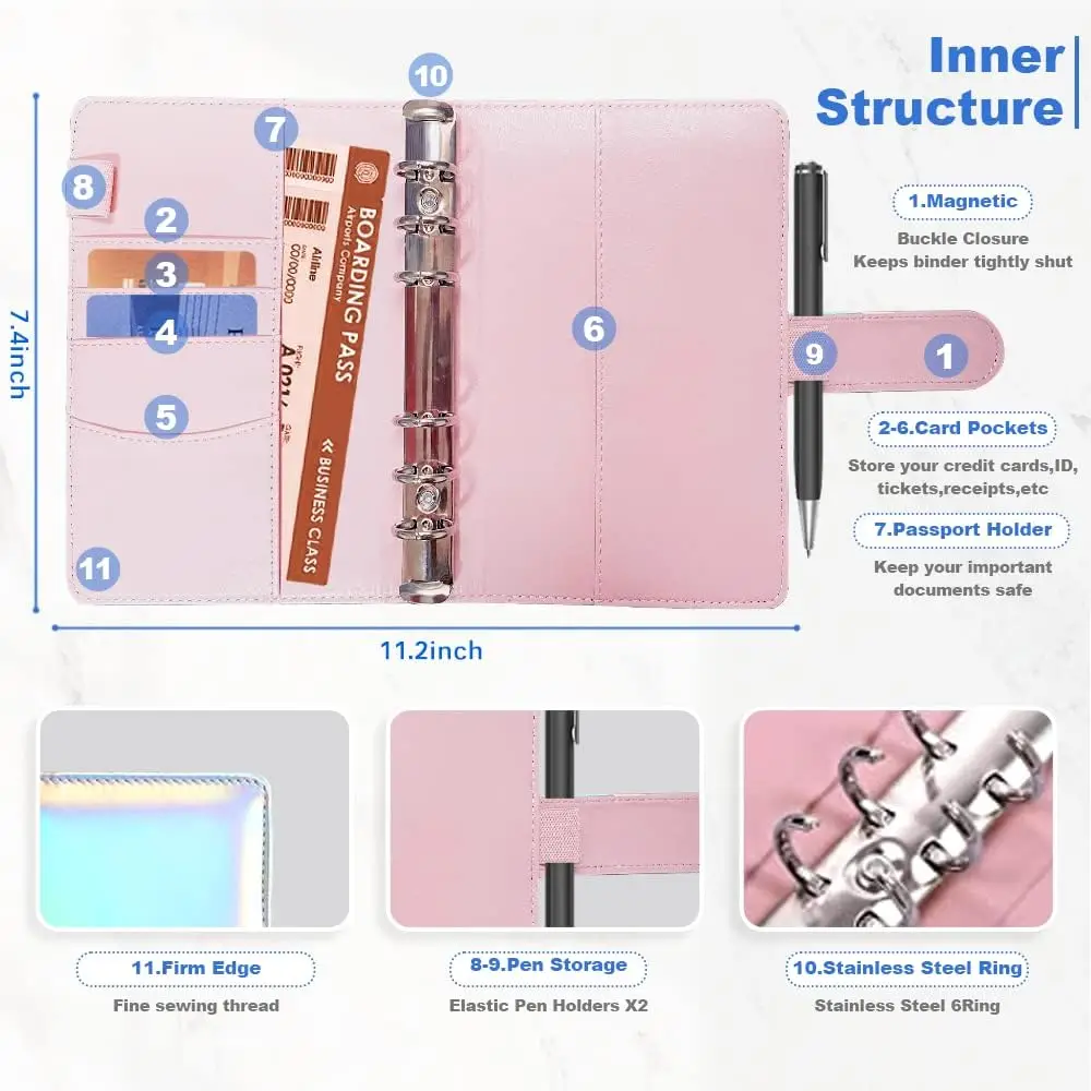 2024 laser Budget Binder Zipper Envelopes Organizer Cash Envelopes for Budgeting Saving Money A6 Planner 6 Pockets Accessories