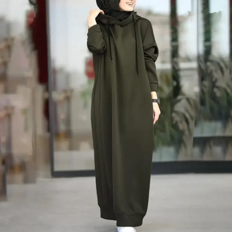 Robe longue à capuche à manches longues pour femmes, sweat-shirt musulman, haut à capuche, robe décontractée, document solide, précieux, mode, automne, hiver