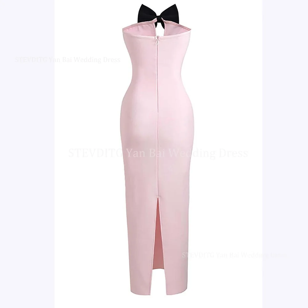 Abiti da ballo in raso rosa senza spalline senza maniche con fiocco nero alla caviglia abito a sirena sottile abito da sera formale da donna elegante
