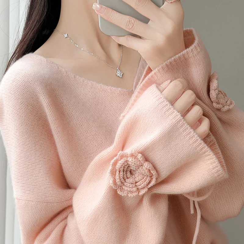 Women's 100%Merino Wool Pullover Sweater V‑Neck Cuff Crochet Rose Appliqué Drawstring Tie Premium Luxe Versatile Classy Knit Top