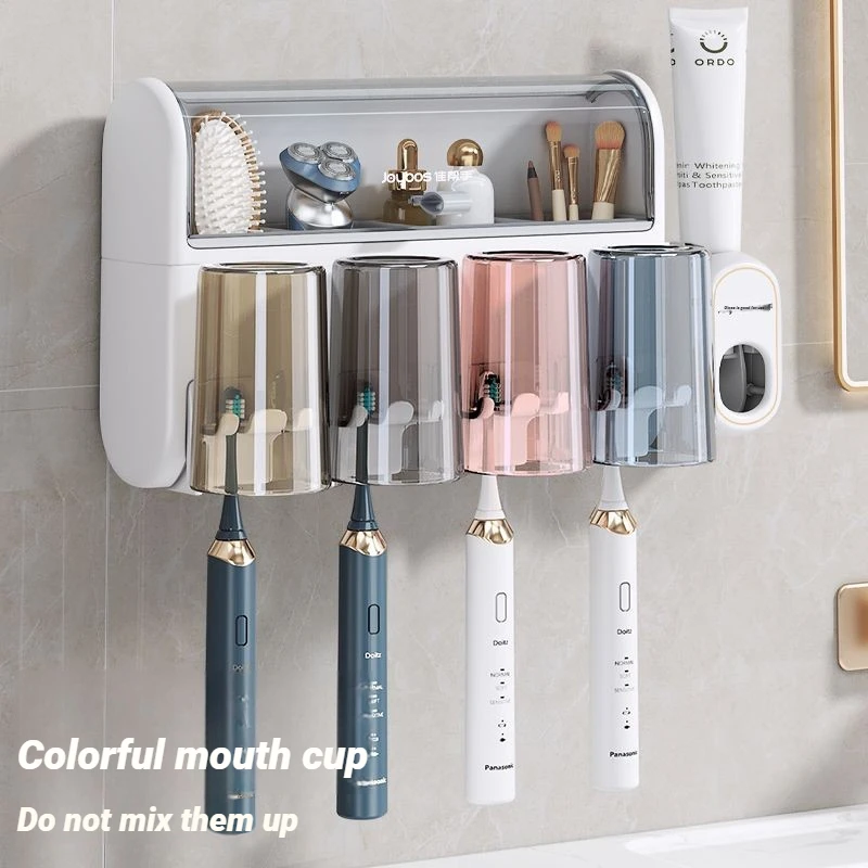 Toothbrush Holder Family Set Wall Mounted Bathroom Toothpaste Dispenser 3&4 Cups Dust Proof Shelf Storage Rack Organizer