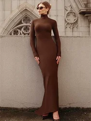 Skinny Turtleneck Backless Maxi Dress Women's Patchwork High Waist Solid Fashion Hollow Out Party Dress Female Long Dress