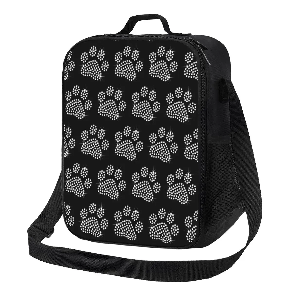 Custom Sparkle Rhinestone Dog Paw Thermal Insulated Lunch Bag Women Portable Lunch Tote for School Office Outdoor Bento Food Box