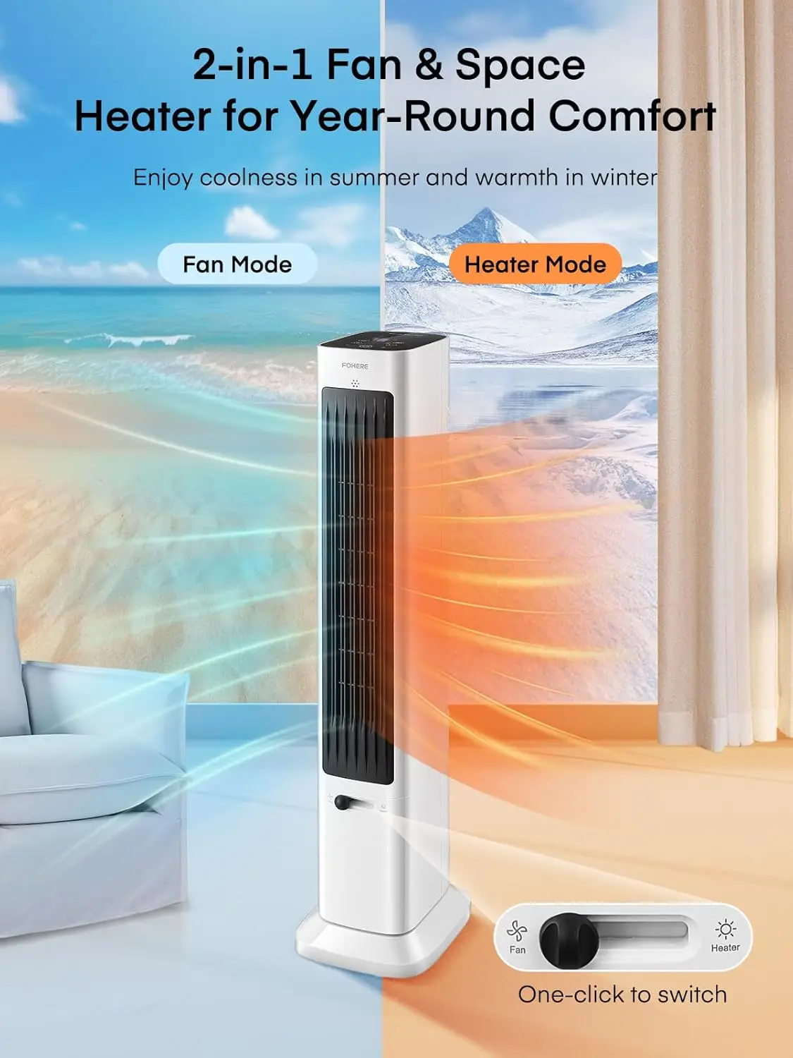 Tower Fan and Space Heater in One for Indoor Use, All Season High-Velocity Fan and Heater Combo Safety with O