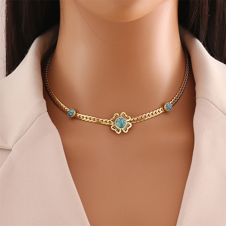 316L Stainless Steel Imitation Turquoise Hollow Flowers Charm Chain Necklaces Bracelets Earring Fashion High Jewelry Party Gifts