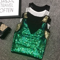 Fashion new sexy short version half sequin vest stage performance clothes sleeveless waist exposed navel short top women