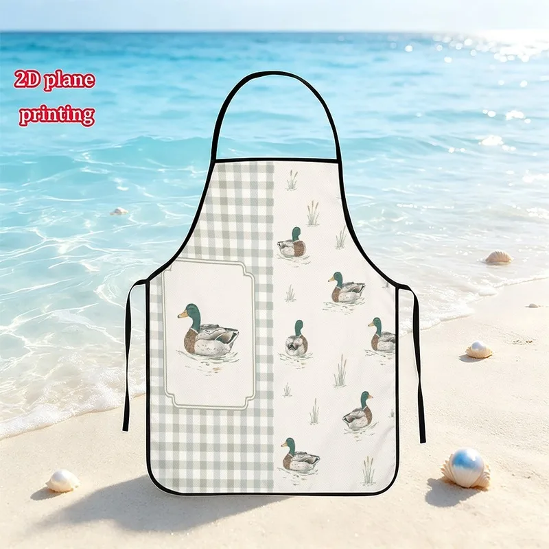 1PC【Apron】2DFlat effect，Pastoral style duck playing in with light green checkered print，Durable，Suitable home kitchen