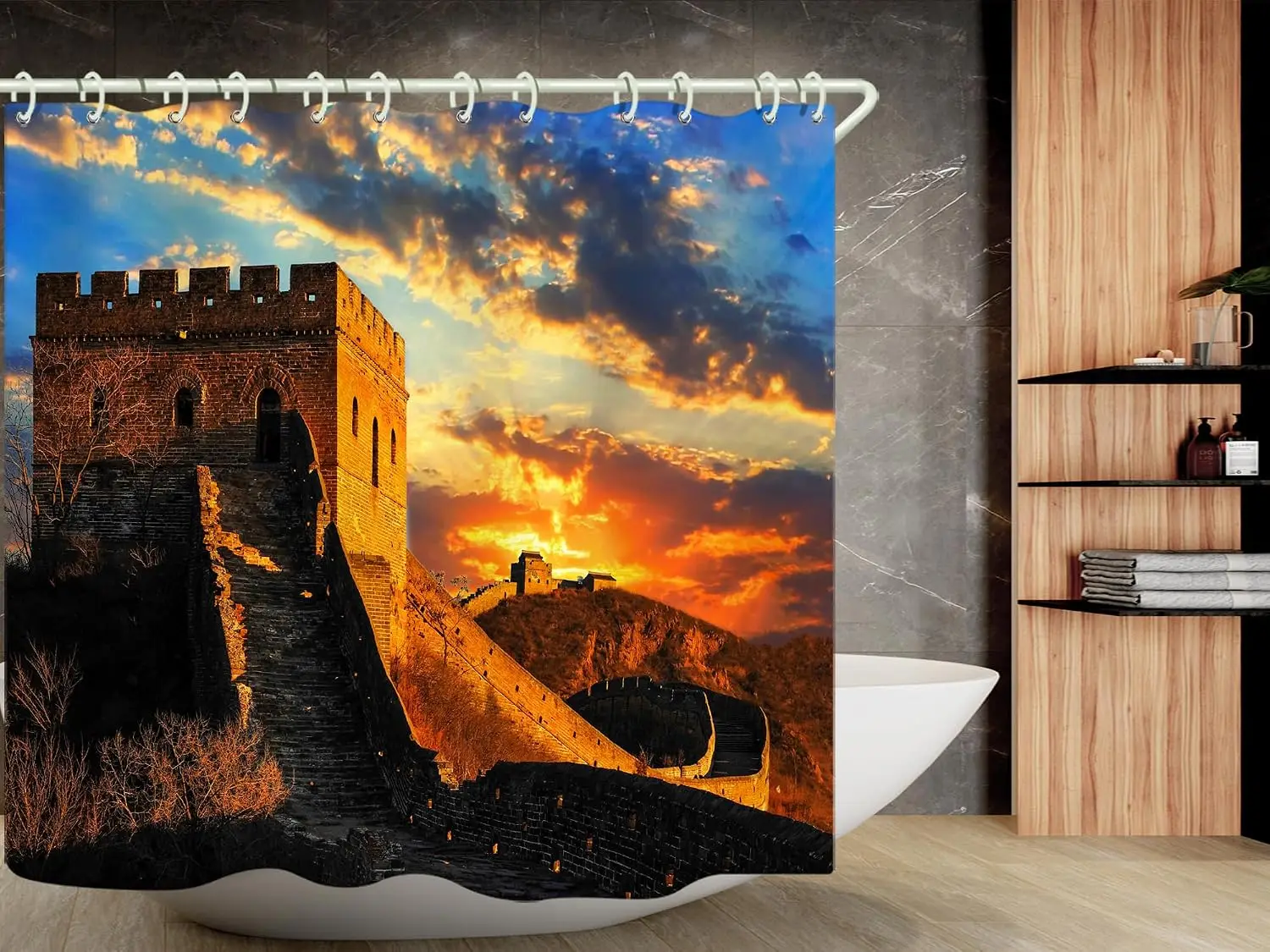 Large 180x180cm Waterproof Shower Curtain Dramatic Sunset Castle Landscape Art Print Bathroom Decor Waterproof Bath Curtain