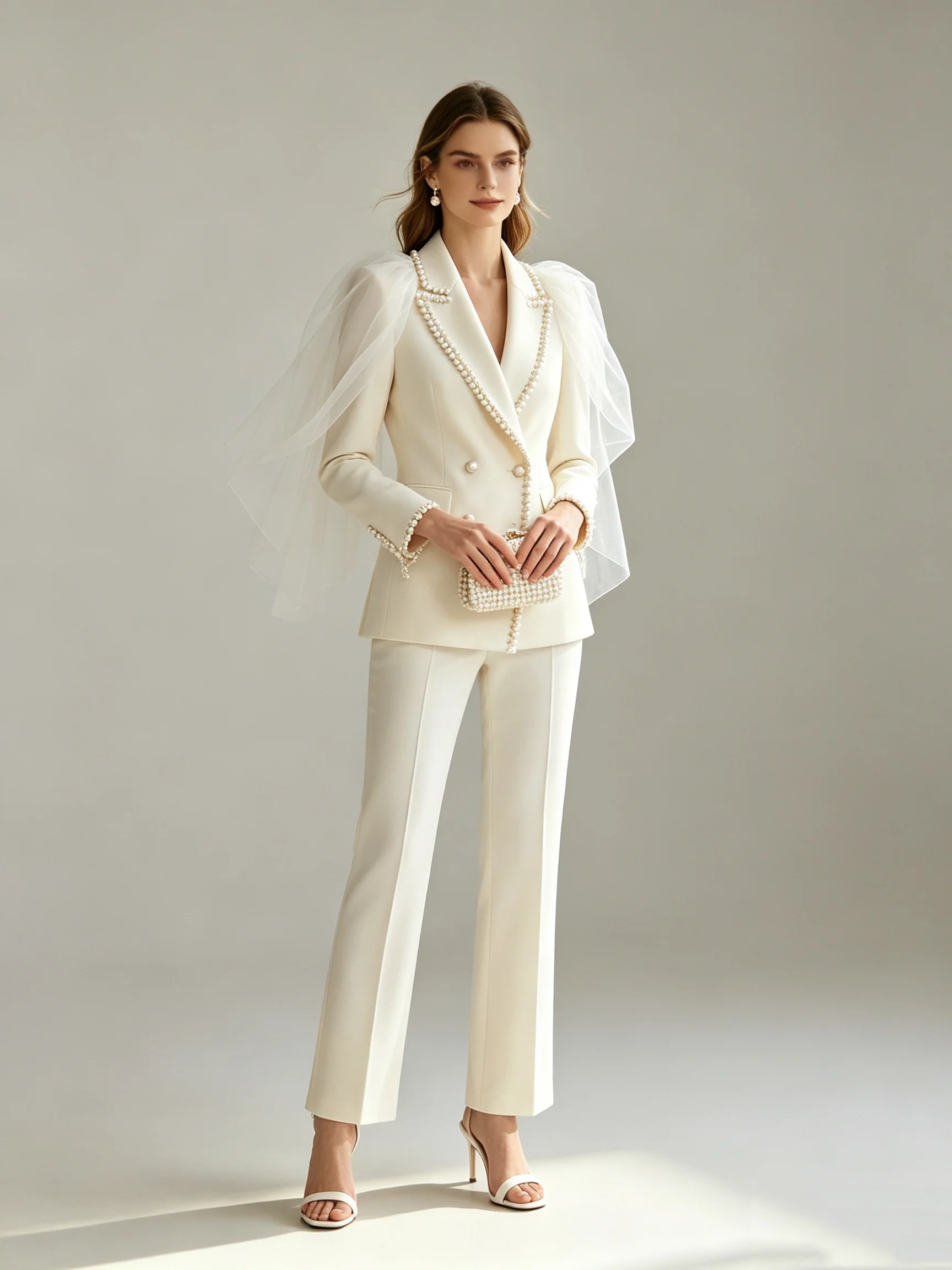 Pearls Ivory Women Suit Set 2 Pcs Shawl Blazer Pants Summer Spring Cotton Formal Office Lady Jacket Customized Wedding Coat