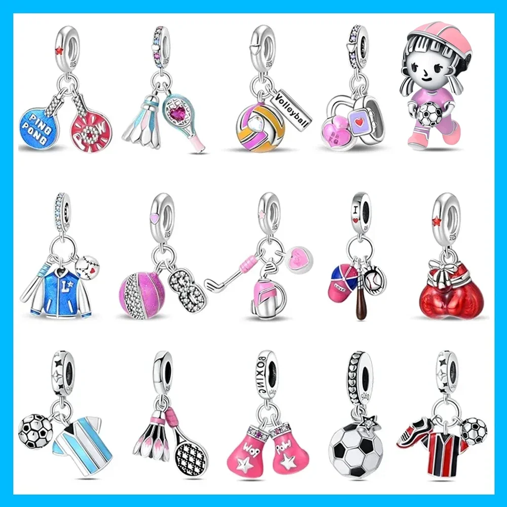 Tennis Badminton Golf Boxing Sport Zircon Original Charms Silver Plated Bead Fit Bracelets Bag Keychain Diy Women Gift Accessory