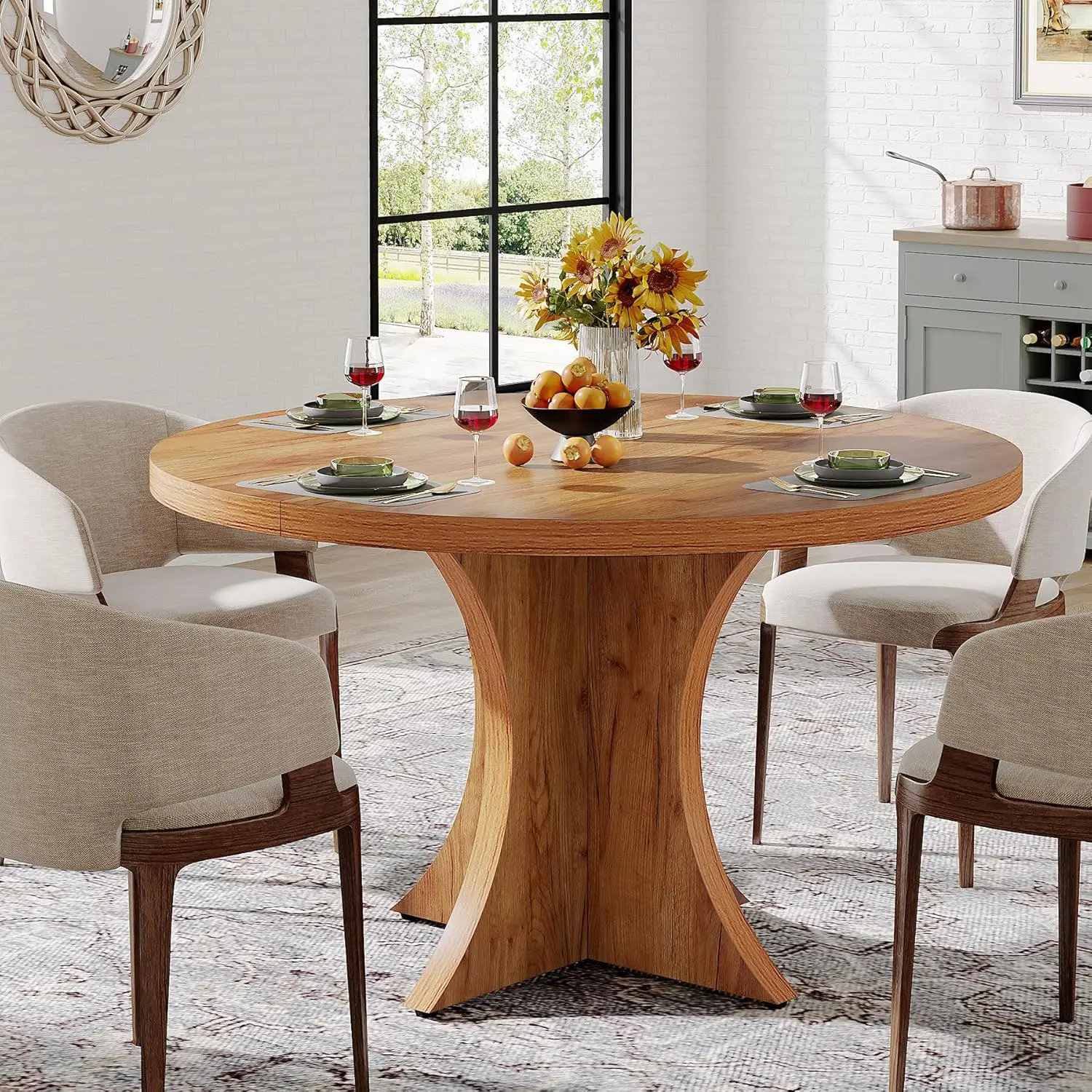 Round Dining Table for 4-6, 47.24-Inch Farmhouse Kitchen Table, Wood Dining Table with Pedestal Base, Small Dinner Table for Din