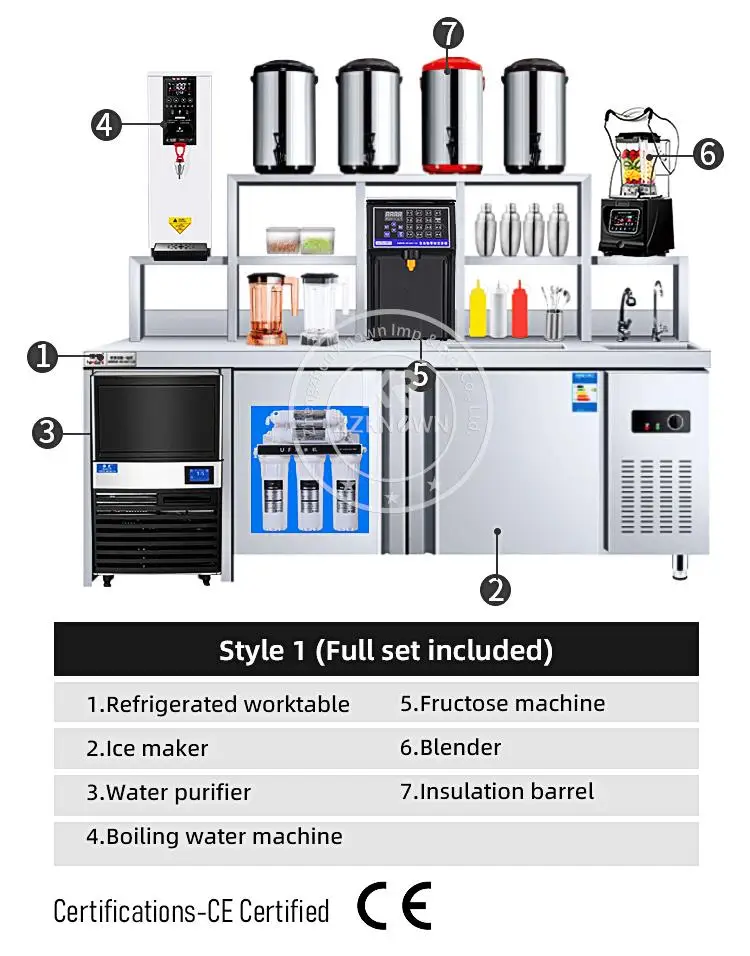 Customized 304 Stainless Steel Full Set Bubble Tea Machine Work Table With Refrigerator Cabinet For Milk Tea Shop Design