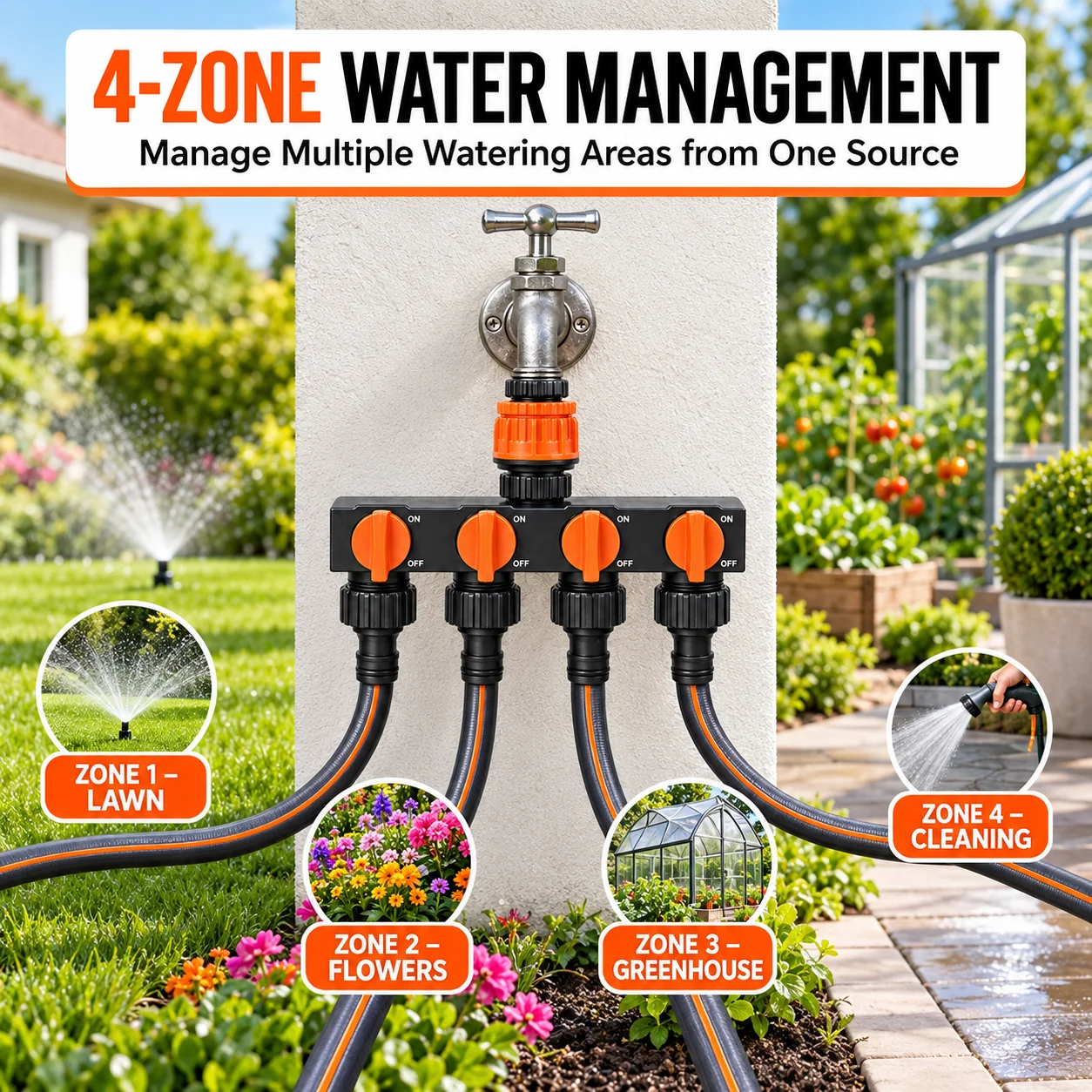 4 Way Hose Manifold Water Distributor with Individual Control Valves, Multi Outlet Faucet Splitter for Garden Greenhouse Waterin