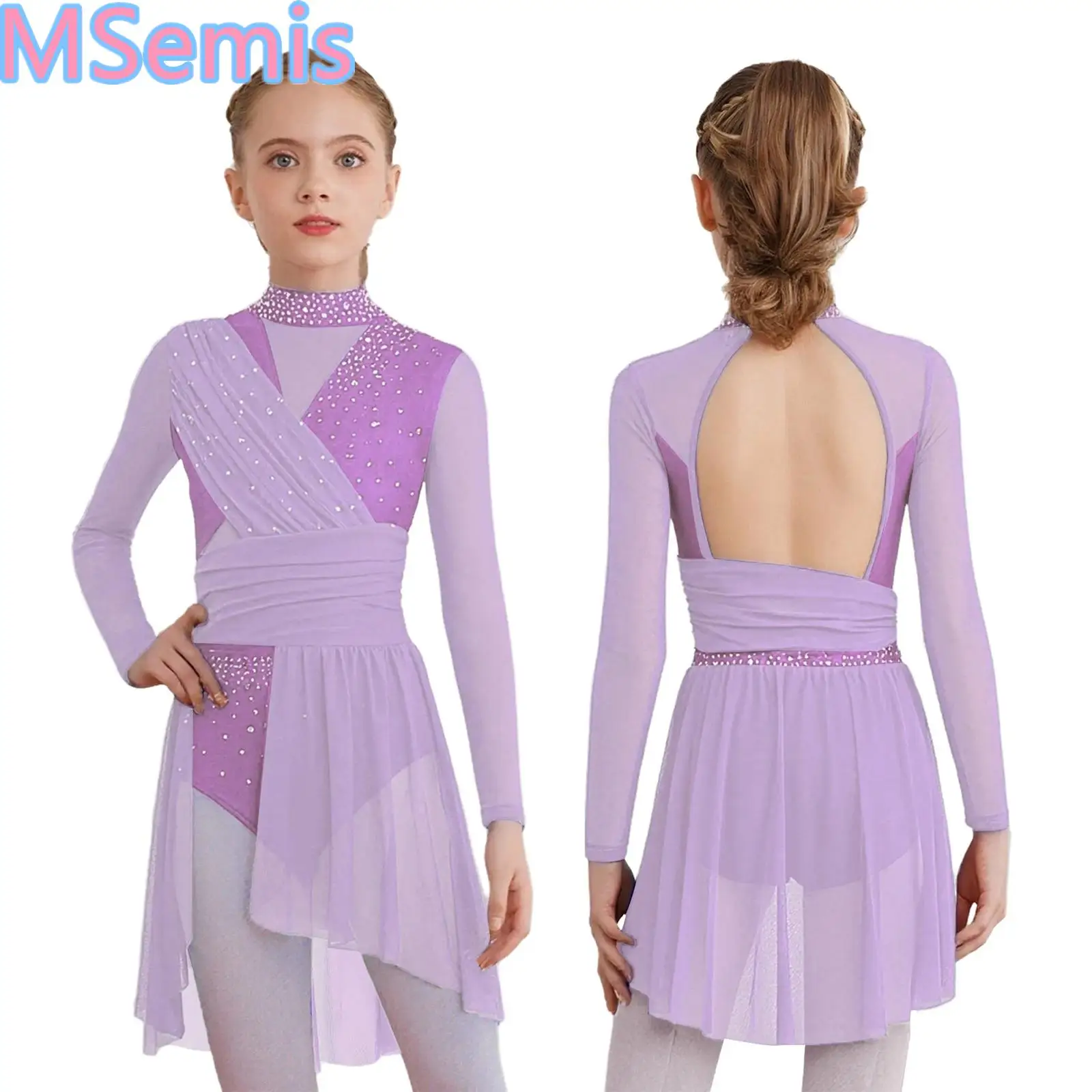 Kids Girls Lyrical Dance Dress Mock Neck Long Sleeve Cutout Back Side Split Sheer Mesh Ruched Glittery Rhinestones Dress