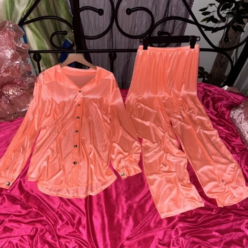 

Мужская домашняя одежда, шелковистая мягкая одежда для сна, сексуальные женские однобортные брюки с длинными рукавами и широкими штанинами, комплект брюк, костюмы для частной вечеринки