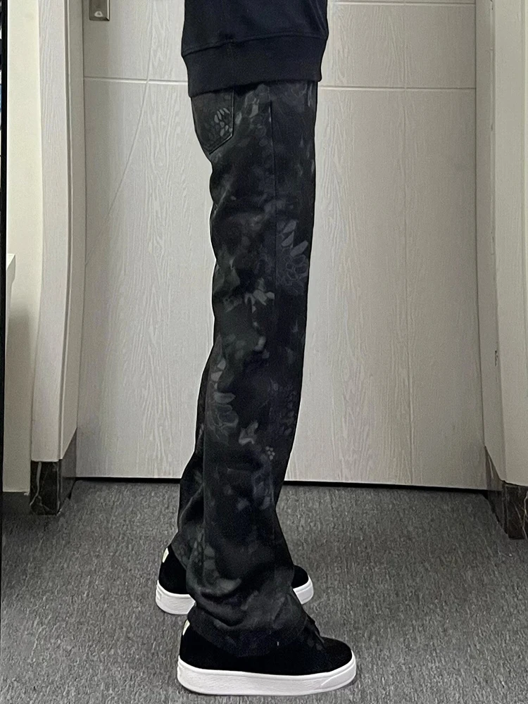Black Snake Skin Pattern Straight Leg Jeans Men's Spring Autumn Small Design Sense Pants American Drill Loose Fit Jeans