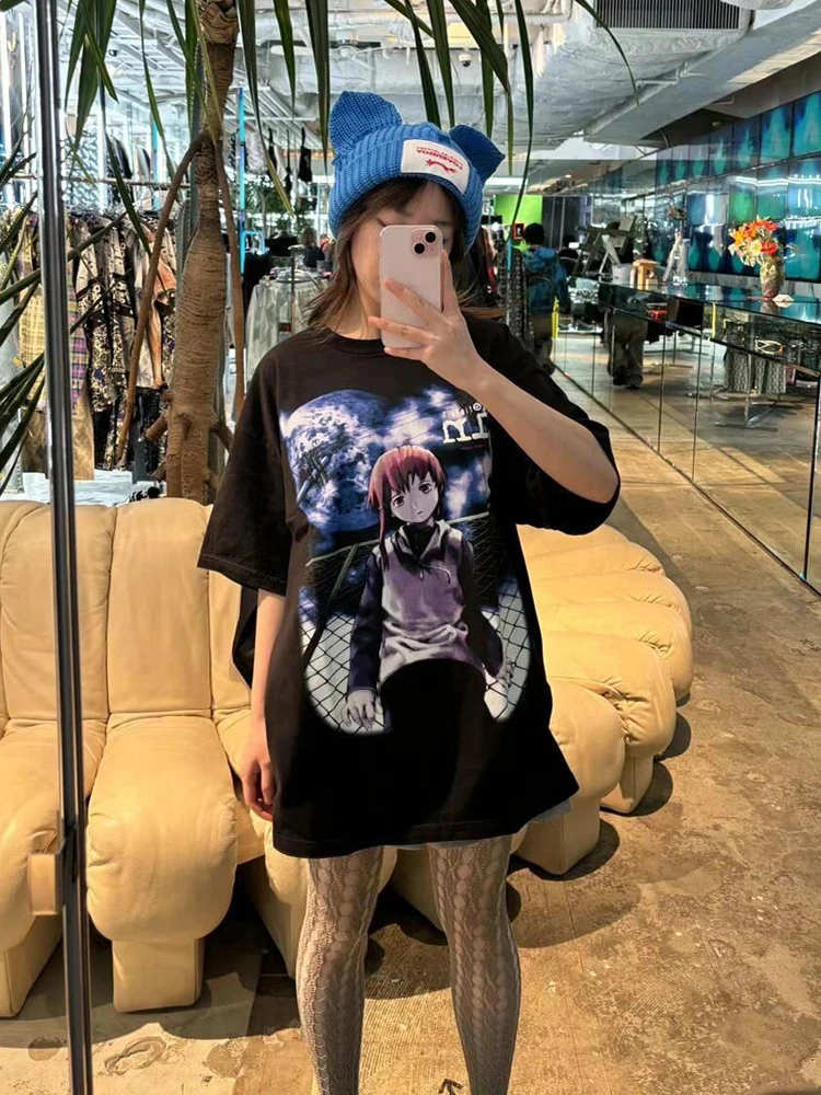 

Мужская футболка оверсайз из хлопка и льна в стиле американского стритвира, винтажная, с принтом аниме, свободного кроя