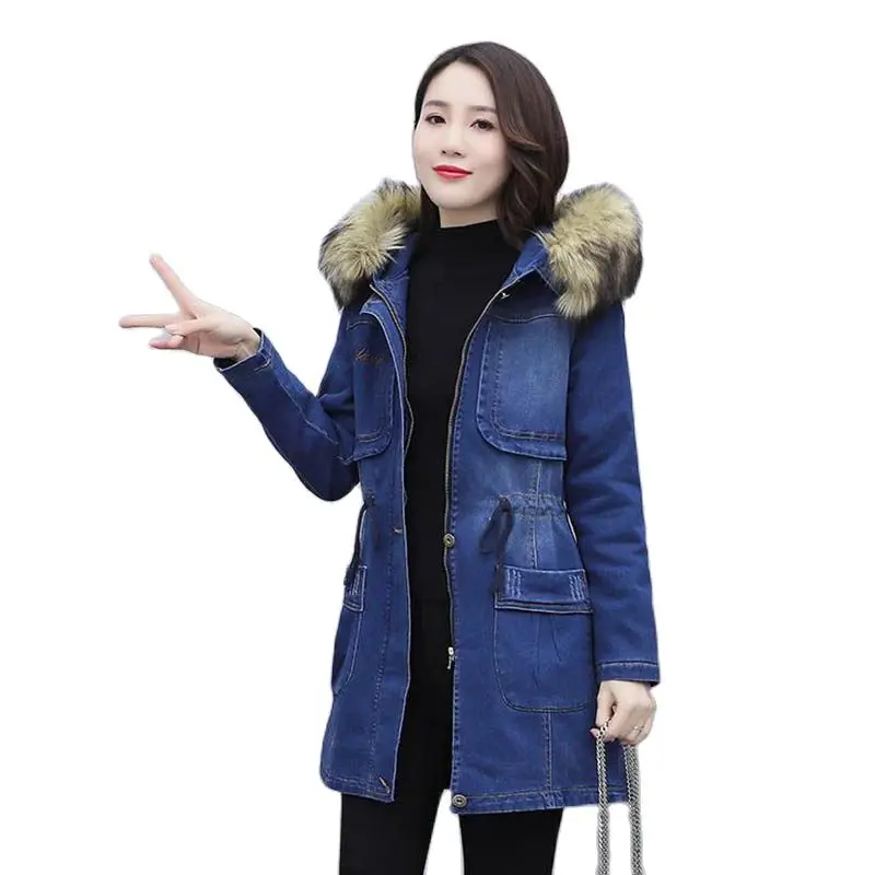 New Elastic Mid-length Hooded Denim Cotton Fleece Slim Women Winter Warm Denim Fashion Windbreaker Cotton Women