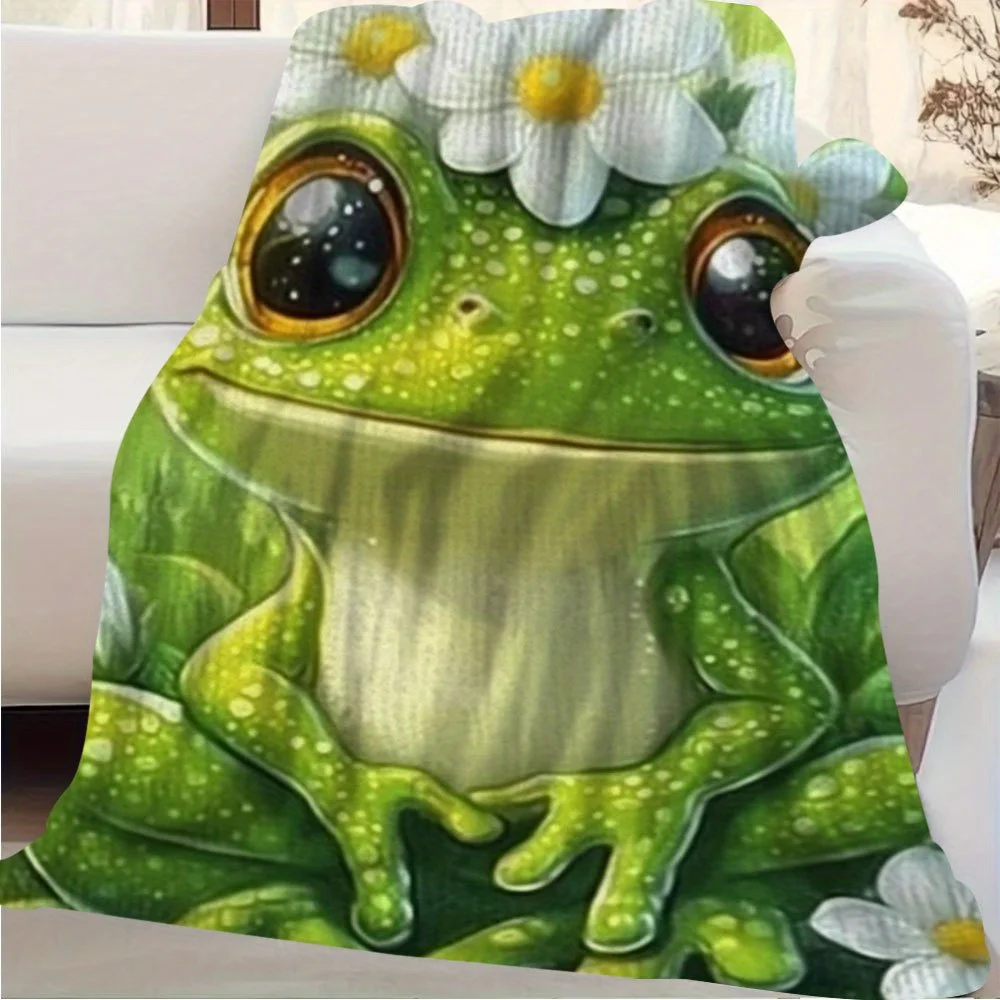 Frog & Floral Print Blanket Warm, and Multi-Purpose for Dorms, Camping, and Travel, Featuring a Cute Green Frog with White