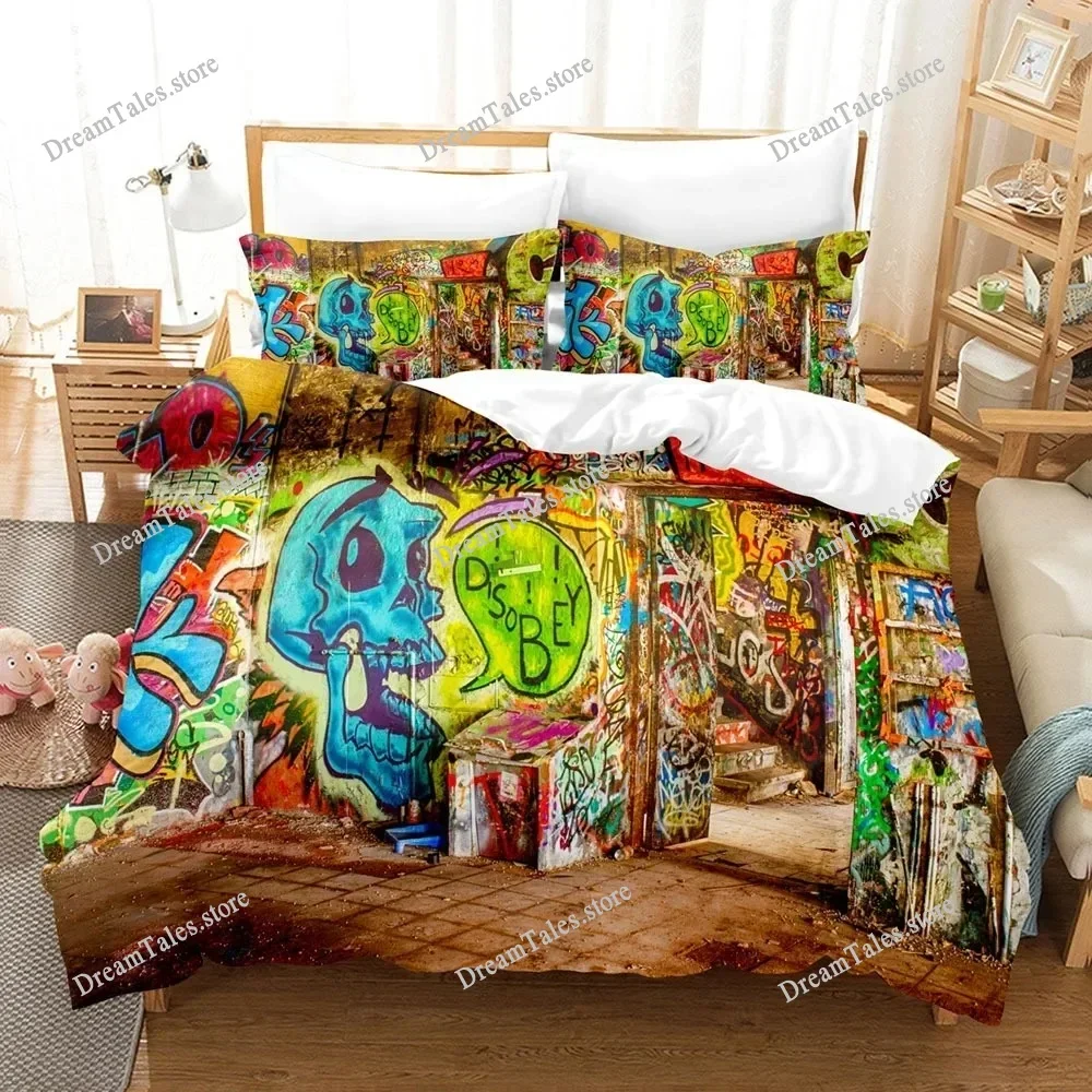 Graffiti Duvet Cover Set KingQueen Size Kid Boys Youth Modern Wall Urban Street Art Painting Polyester Bedding Set Pillowcases74