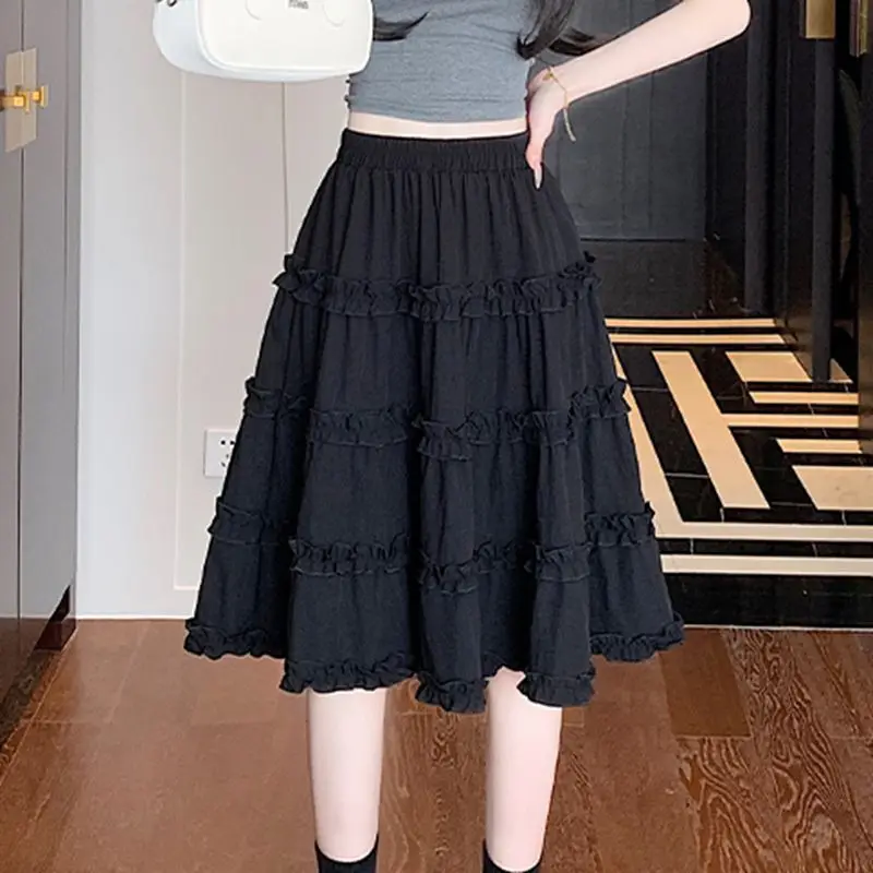 여름 미디 기장 볼 가운 블랙 스커트 여성 캐주얼 한국 스타일 Y2k 의류 빈티지 슬림 여성 주름 A라인 화이트 스커트