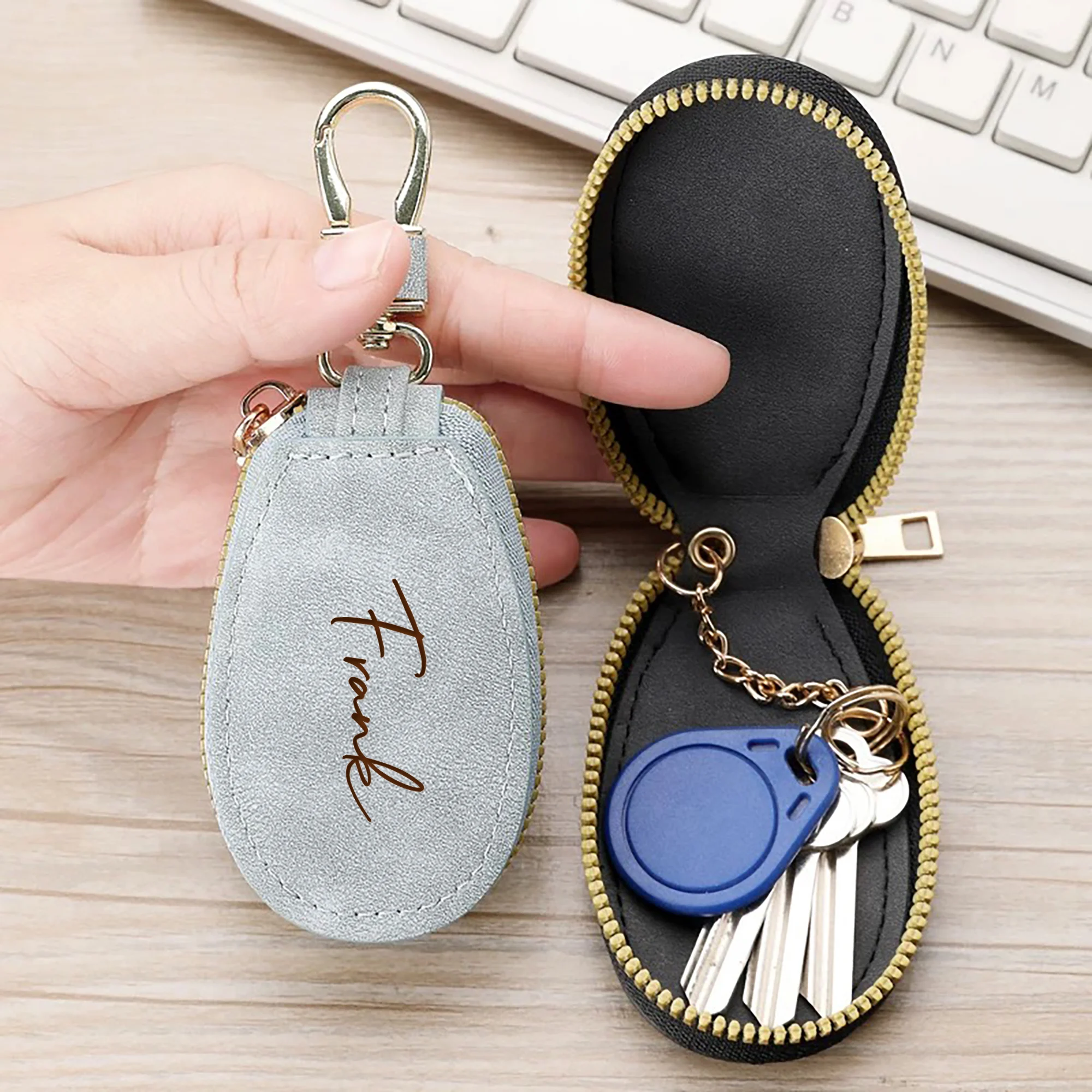 Personalized Custom Zipper Key Case DIY Name Laser Engraving Durable PU Faux Leather Most Car Keys Scratch-Resistant