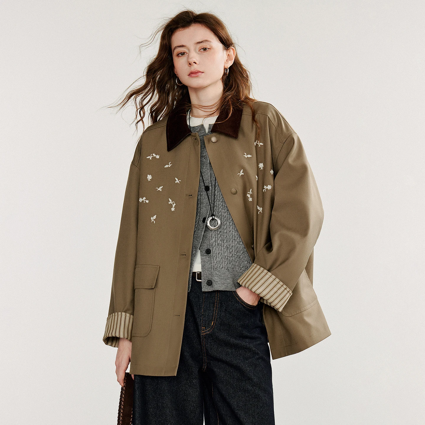 TOYOUTH Women Jacket Coat 2025 Autumn New Barn Style Contrasting Color Splicing Medium Long Workwear Trench Coat