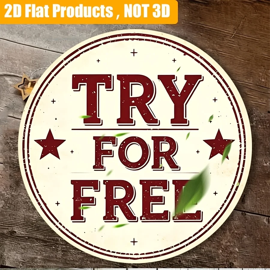 2D Flat, 2D Flat Wooden Vintage Distressed Red Star Free Try English Letter New Sign, Suitable for Indoor and Outdoor Display, f