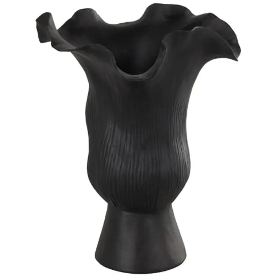 Ceramic abstract floral vase for living room decor black wavy folded rim and linear grooves 8 x 7 x 11