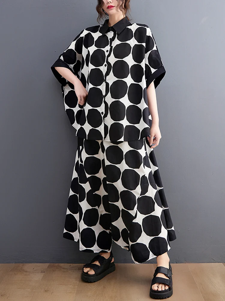 Polka nadruk w kropki lato na co dzień 2 dwuczęściowy zestaw z krótkim rękawem luźna bluzka damska koszula moda z najwyższej półki odzież Harem