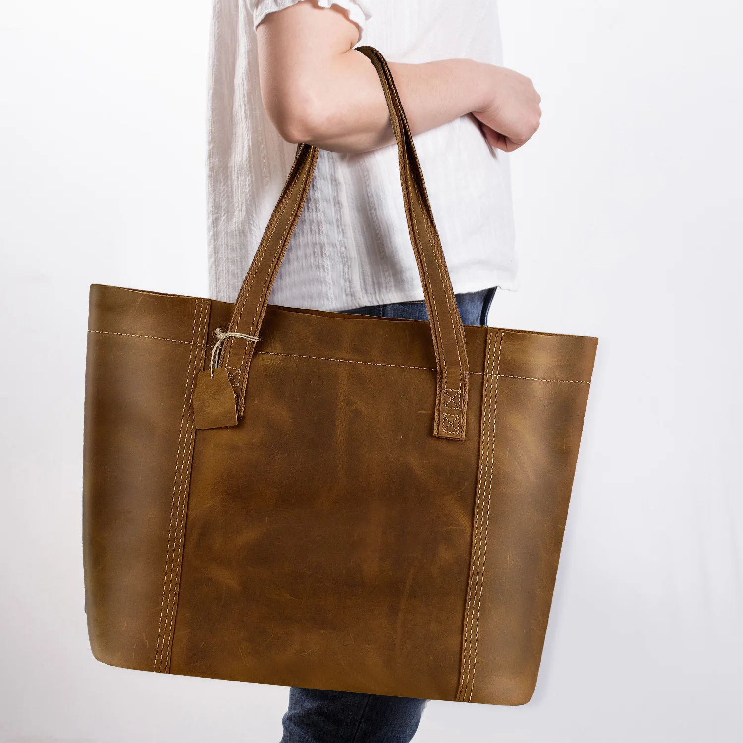 Retro Women's Tote Bag Vintage Crazy Horse Leather Shopper Handbags Brown Genuine Cowhide Large Designer Purse