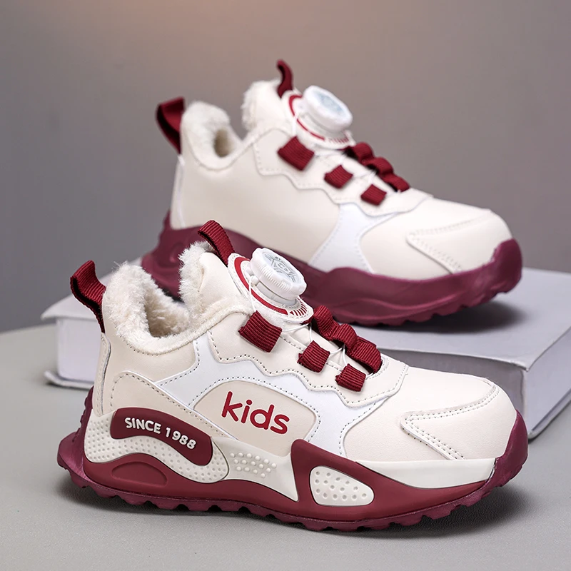 Kids Winter Warm Sneakers Boys Girls Rotary Buckle Fleece Lined Non-Slip Thick Sole Waterproof Beige Red Casual Outdoor Shoes