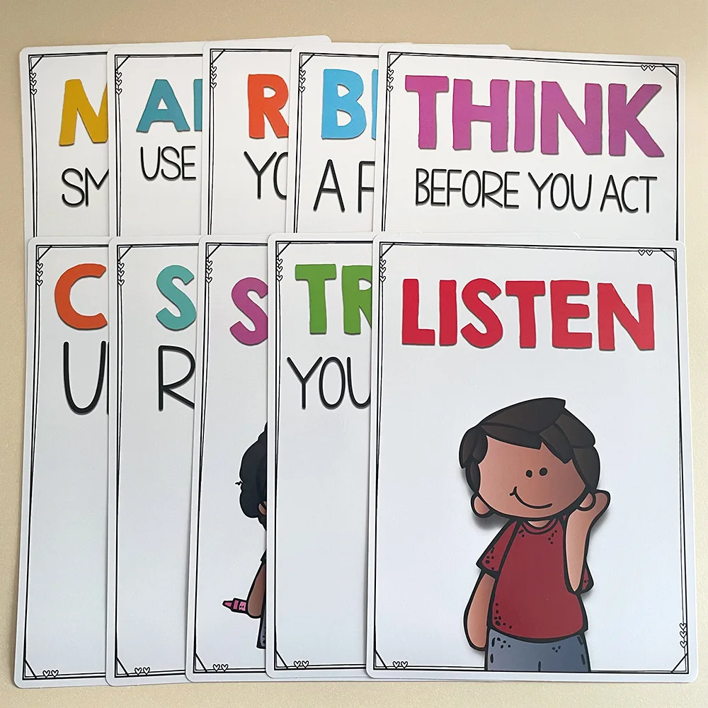 10 مجموعات من قواعد الفصول الدراسية الإنجليزية مقاس A4 للأطفال من سن 3 إلى 6 سنوات، زراعة العادات الجيدة وملصقات الانضباط في الفصل الدراسي
