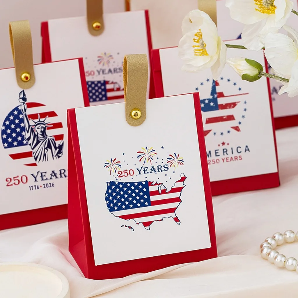 Wholesale 250 Years America Independence Day Gift Box Card Stock Favor Box With Gold Pu Handle For Patriotic Holiday Celebration