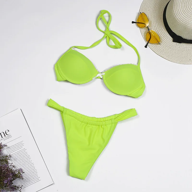 Sexy Push Up Swimwear Thong Bikini 2024 Women Neon Yellow Swimsuits Swimming Bathing Suit Brazilian Bikinis Set Mujer Biquini