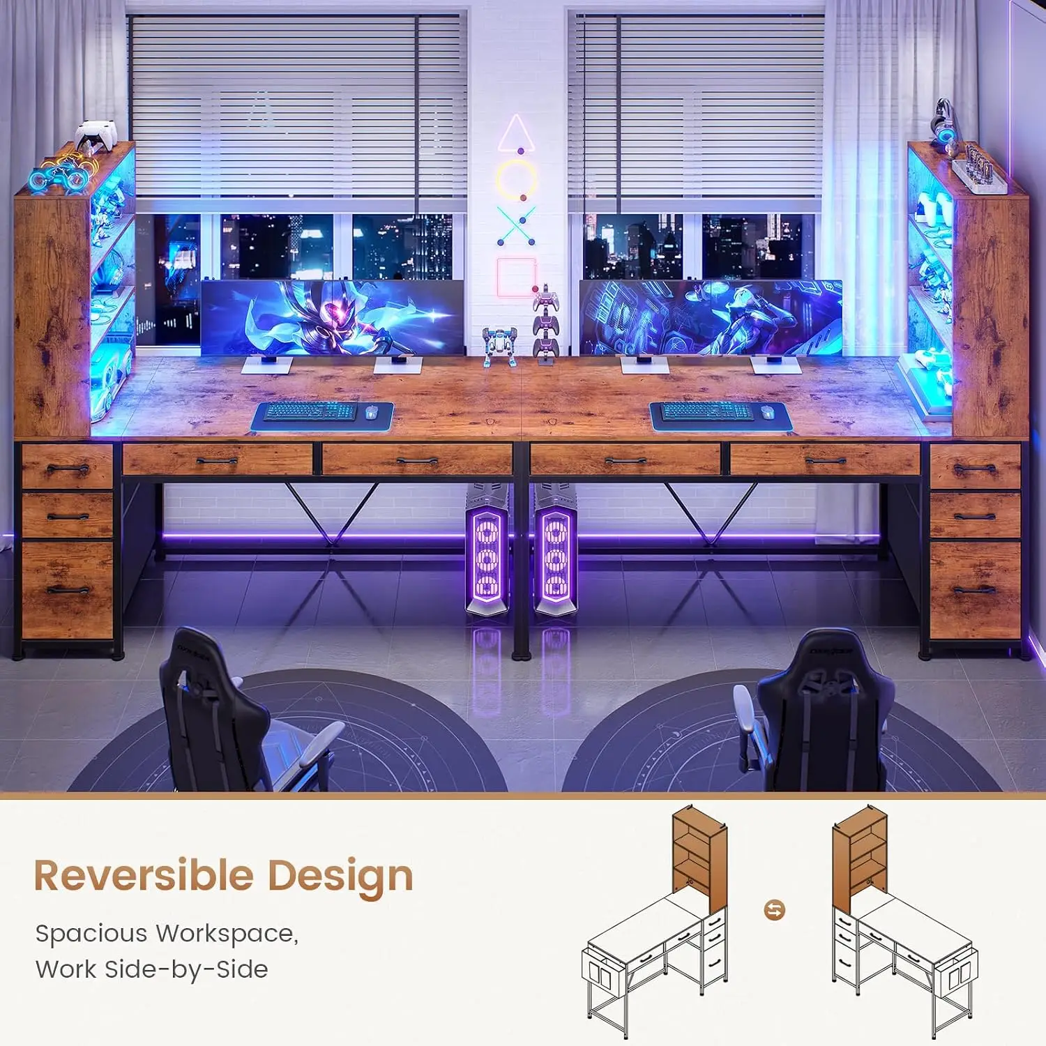 Reversible Computer Desk with 5 Drawers, Bookshelf, Storage, File Drawer & LED Lights, , Rustic Brown, Customized