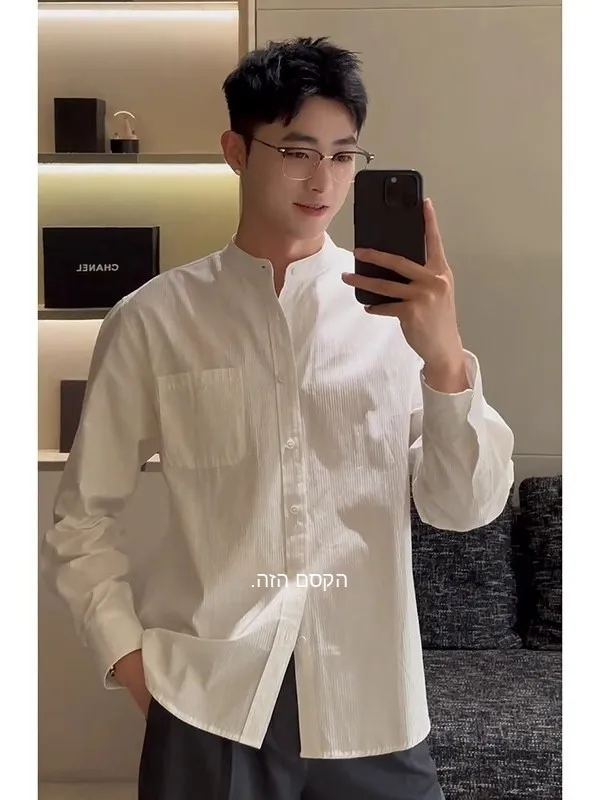 

British Style Long Sleeve White Cotton Shirt Men's Spring Fashionable Top High Collar Premium Feeling Casual Youthful Trend
