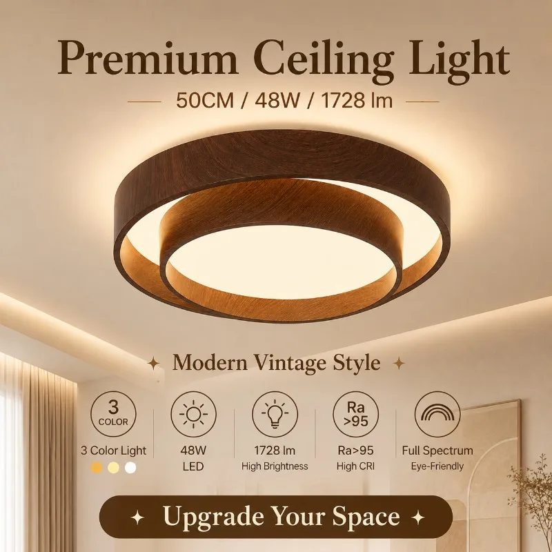 50cm Round LED Ceiling Light Wood Grain Dimmable Three Color Modern Flush Mount Lamp for Bedroom Study Room Ceiling Light