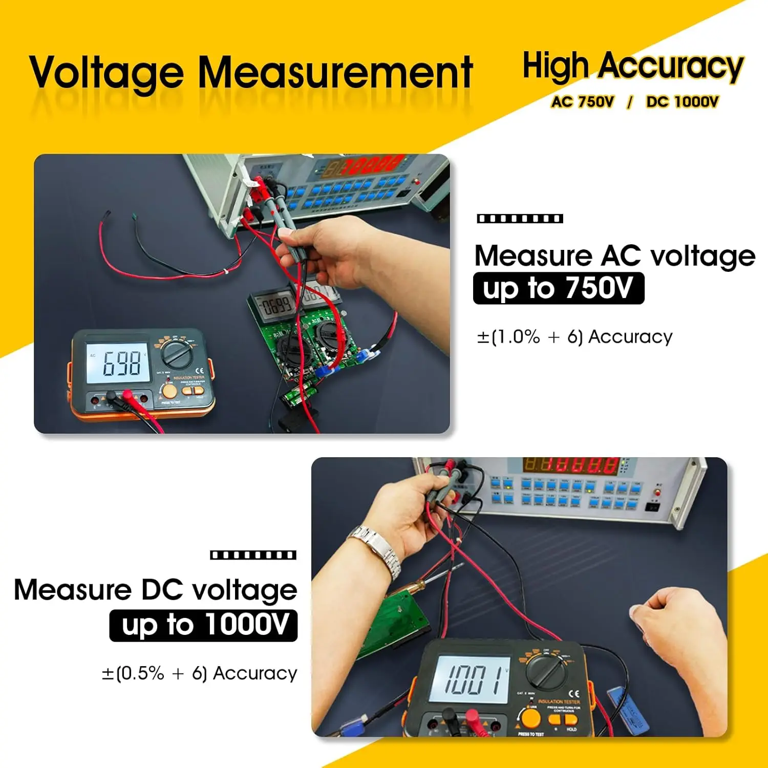 Digitales Megohmmeter 1000 V, Isolationswiderstandstester, Messung 0,1 MΩ ~ 2 GΩ, Testspannung 250 V/500 V/1000 V, DC/AC-Spannung