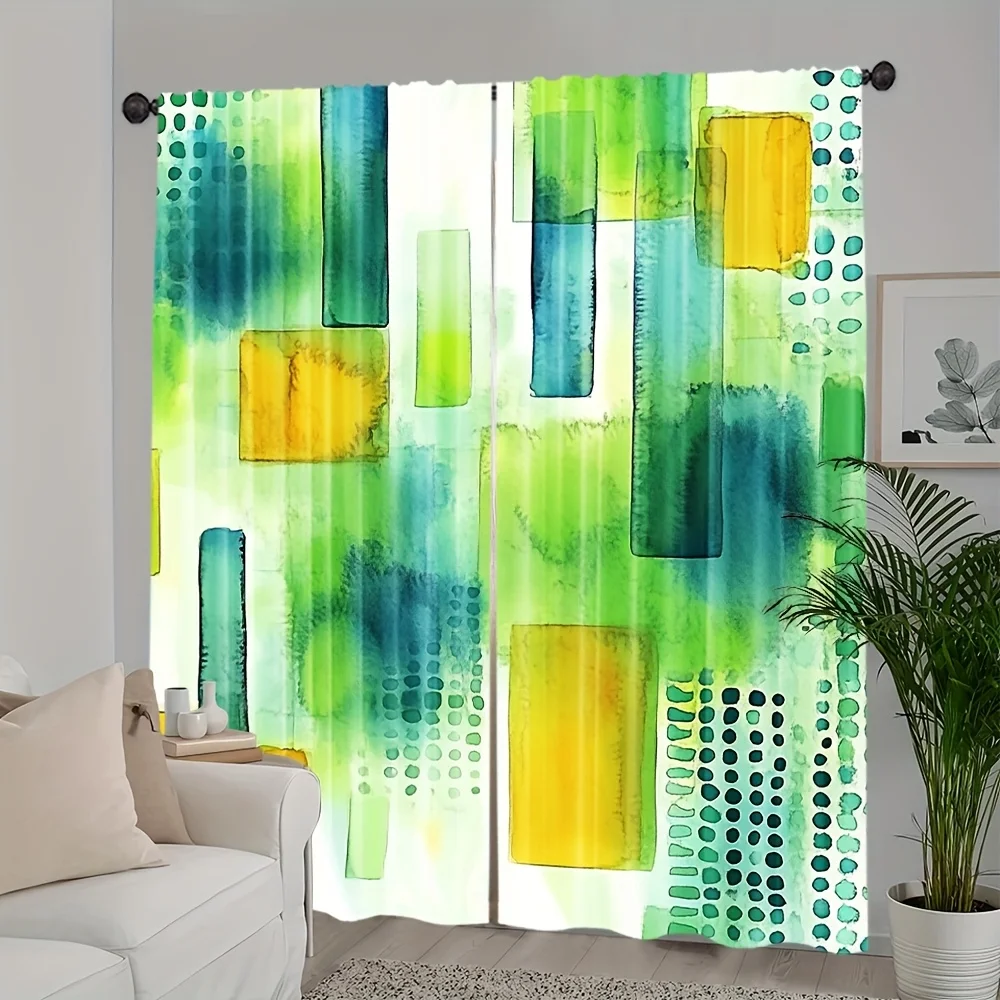 2pcs Modern Geometric Watercolor Curtains - Green to Yellow Gradient Abstract Design, Polyester Light Filtering Drapes for Bedro