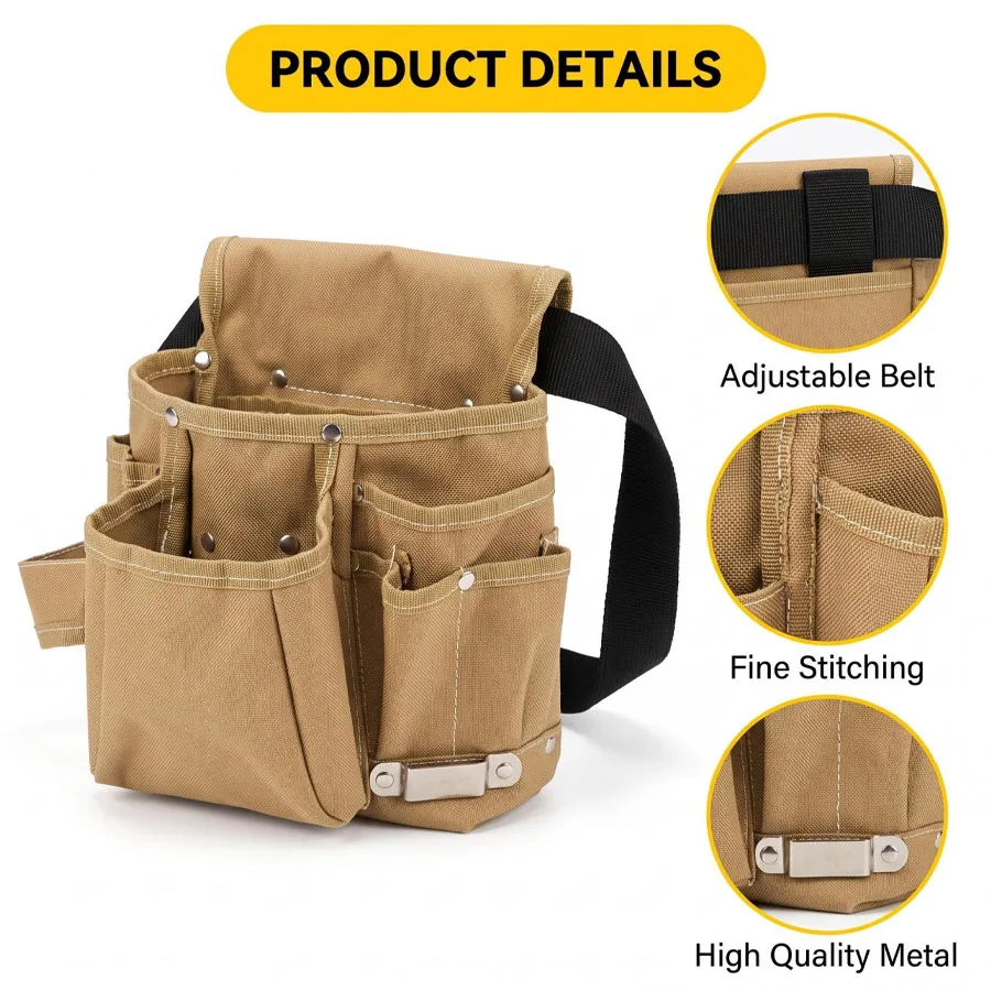 Multi‑Pocket Canvas Tool Waist Pouch, Adjustable Utility Work Belt Bag, Portable Tool Organizer for Electrician Carpenter