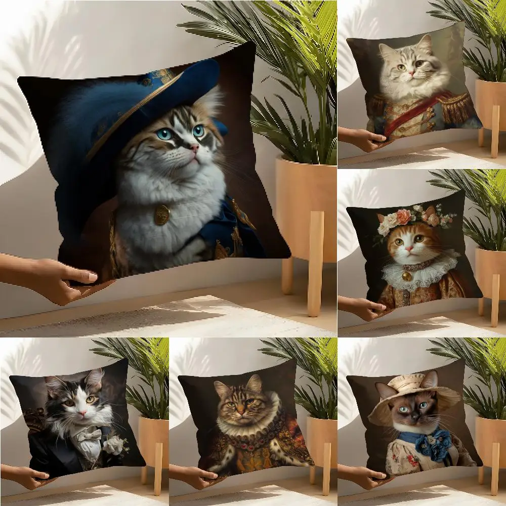 Renaissance Royal Cat Funny Pillow Case Linen Cushion Covers For Decorative Sofa Home Pillows Case Car Chair Pillows Cases