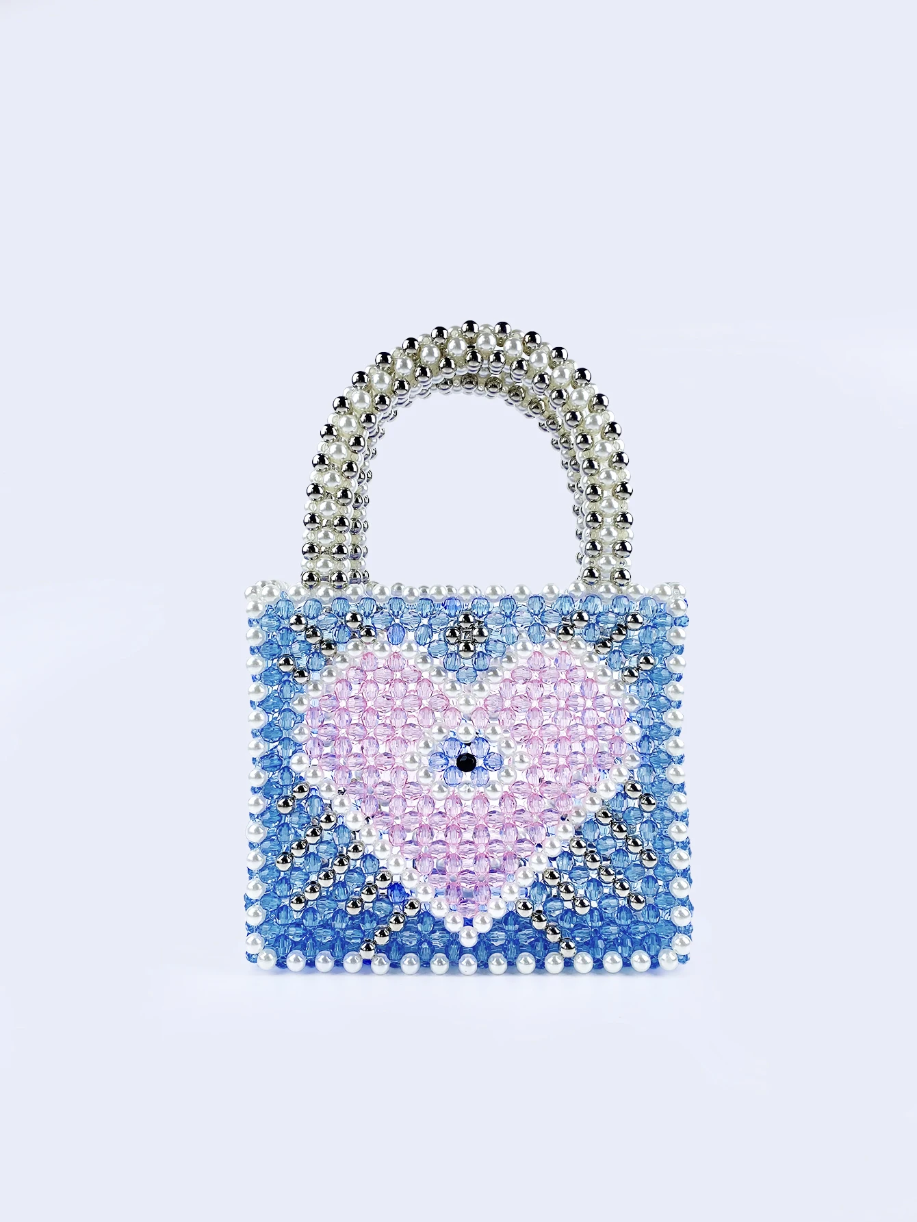 New Small Fragrant Wind High Appearance Blue Heart Shaped Color Block Sparkling Large Capacity Hand Carrying Love Beaded Bag